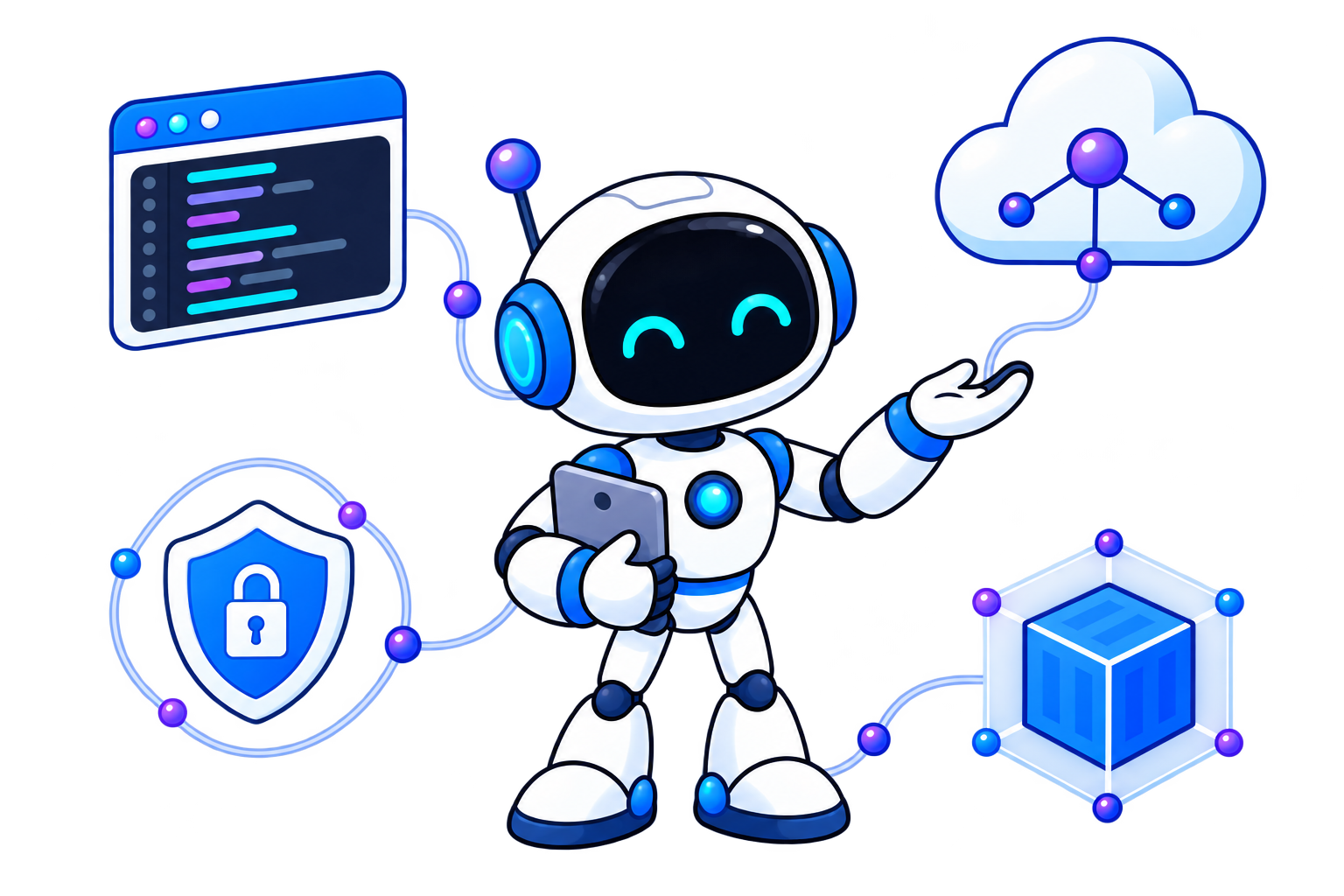 Compañero robótico de laboratorio junto a código, cloud, seguridad y contenedores